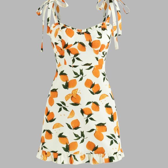 Cider White & Orange Fruit Print Tie-Shoulder Mini Dress – Size M - Picture 1 of 4